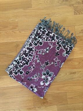 Floral Fringed Scarf - Purple, Black & White